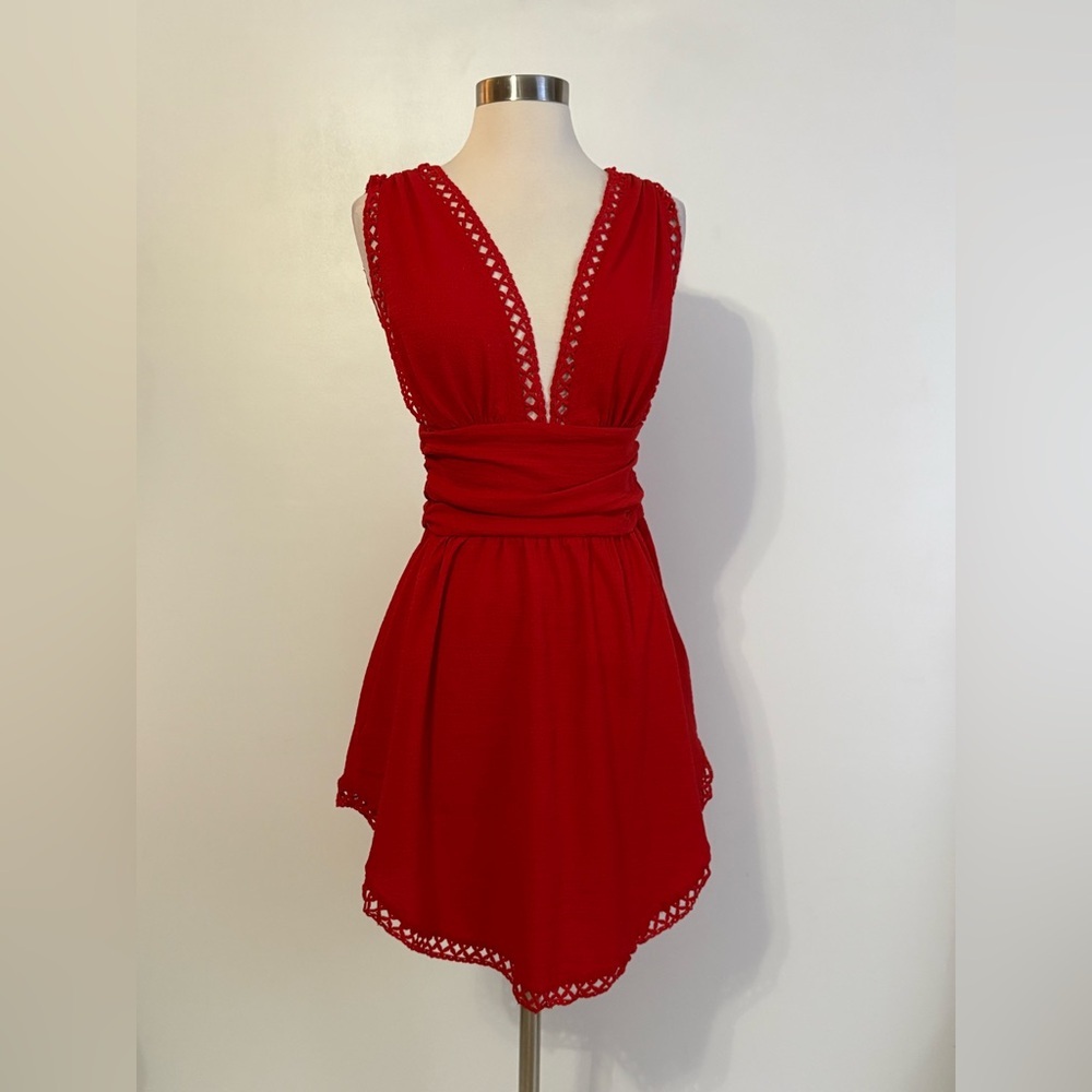 SHEIN Red Sleeveless Deep V Mini Dress with Crochet Trim